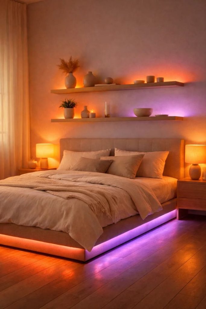 Smart color-changing bedroom lighting setup.