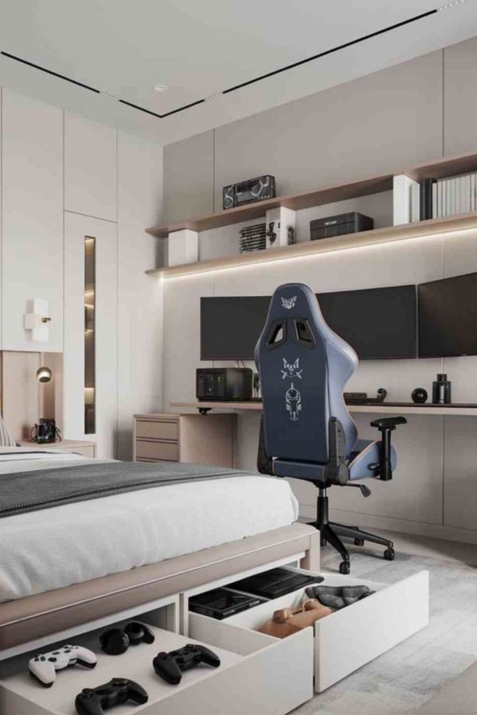 Futuristic smart technology men's bedroom.