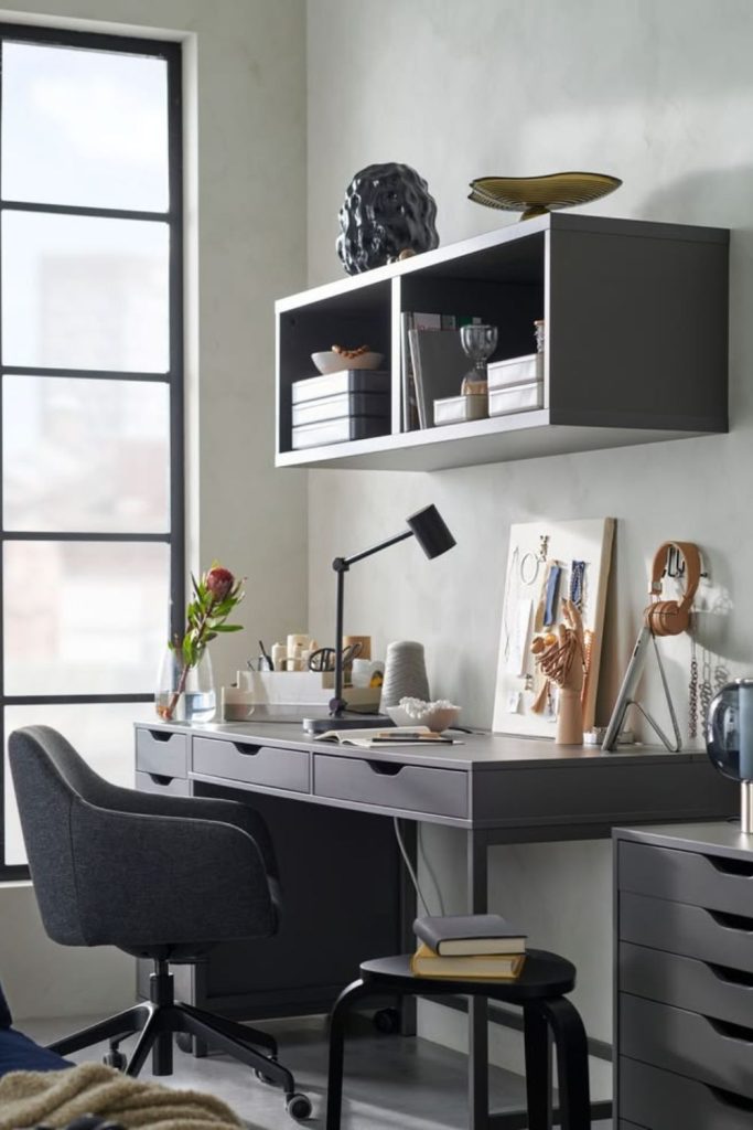 Smart tech desk with wireless charging.