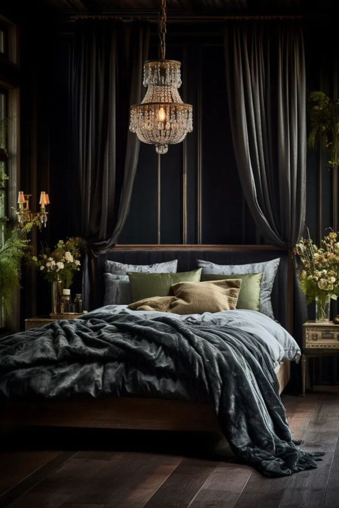Modern black bedroom with smoked glass.