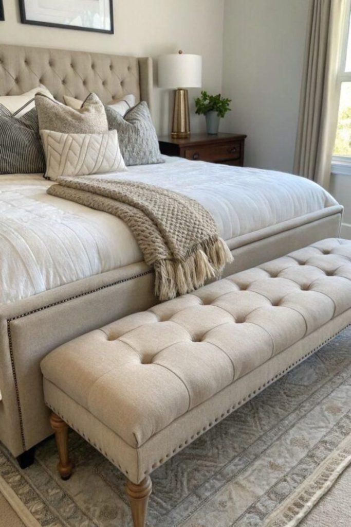 Upholstered bedroom bench with folded blankets.