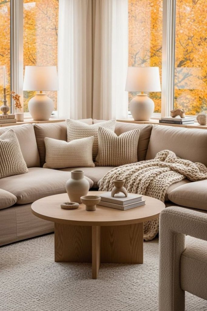 Soft beige autumn room styling.