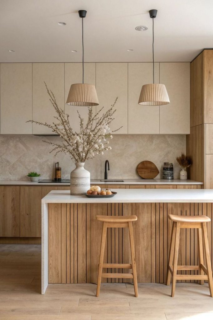 Soft beige kitchen island with quartz.