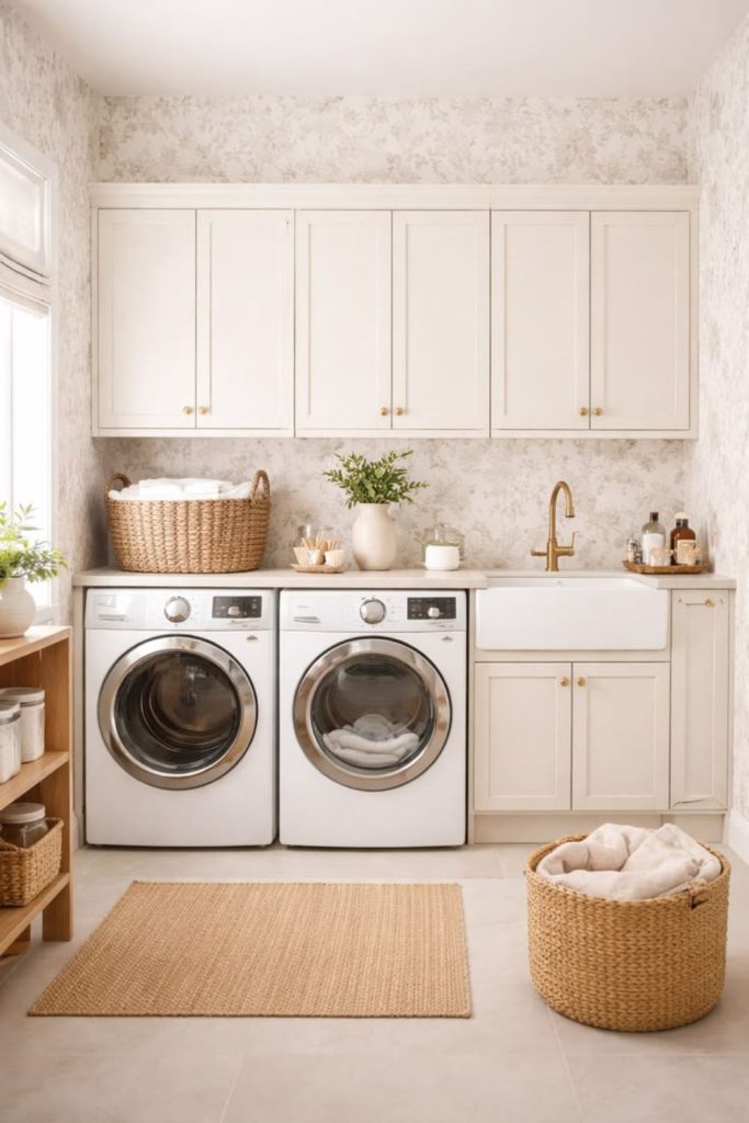 Soft beige laundry room cabinets.