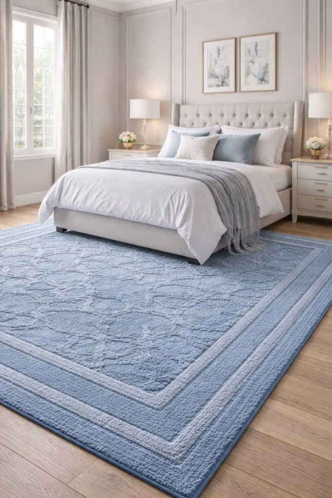 Soft blue calming bedroom carpet style.