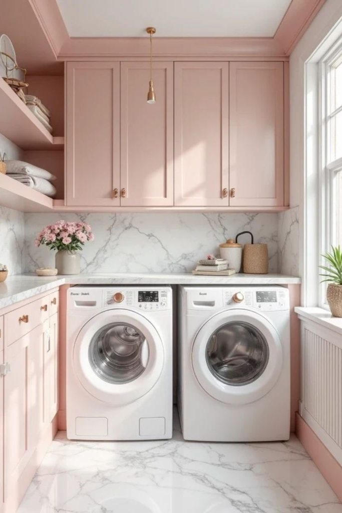 Soft blush laundry room cabinets.
