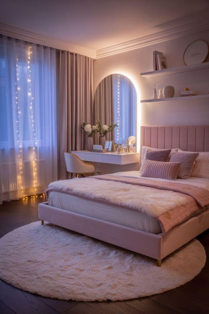 Soft blush upholstered elegant bed.