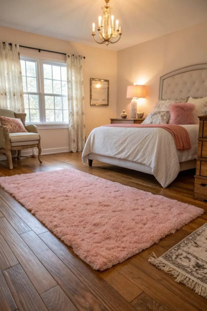 Soft blush pink bedroom carpet design.