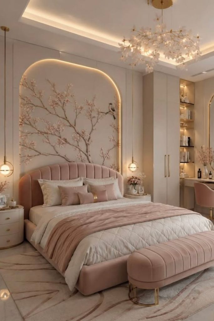Soft blush bedding with gold accents.