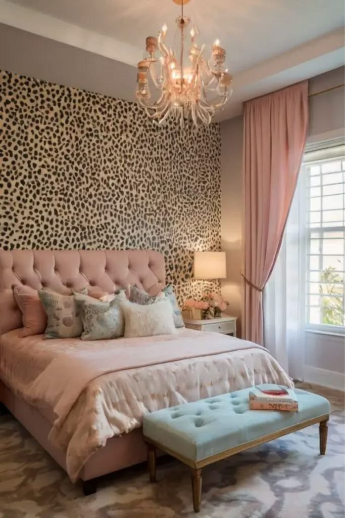 Blush leopard bedroom with elegant décor.