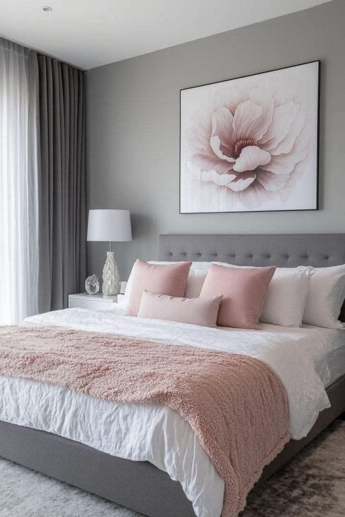 Soft gray and blush bedding