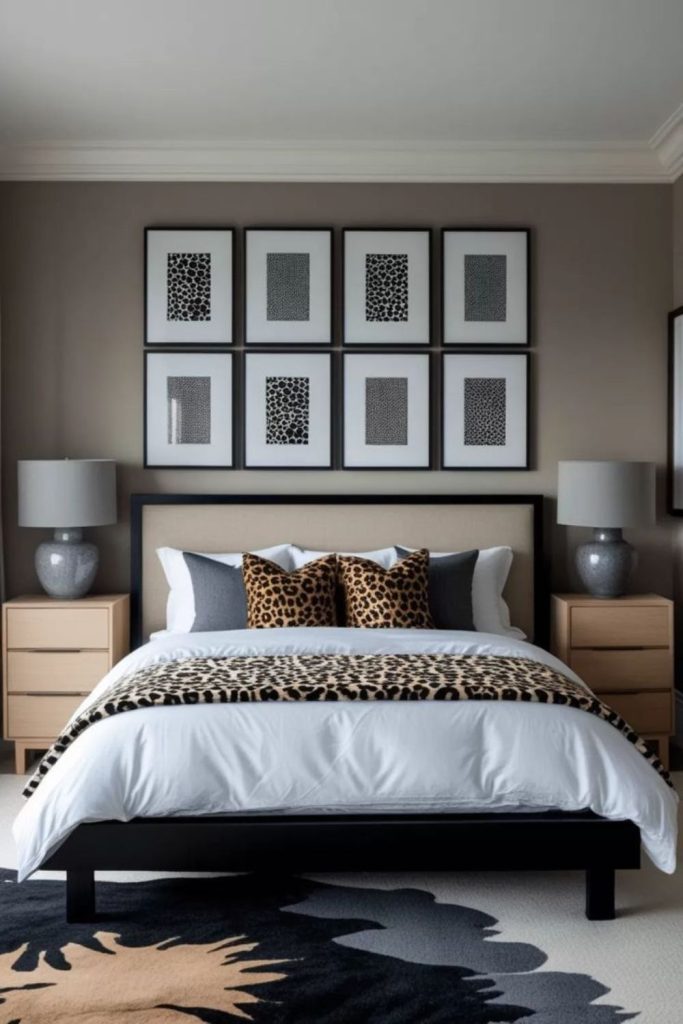 Soft gray leopard bedroom with plushness.