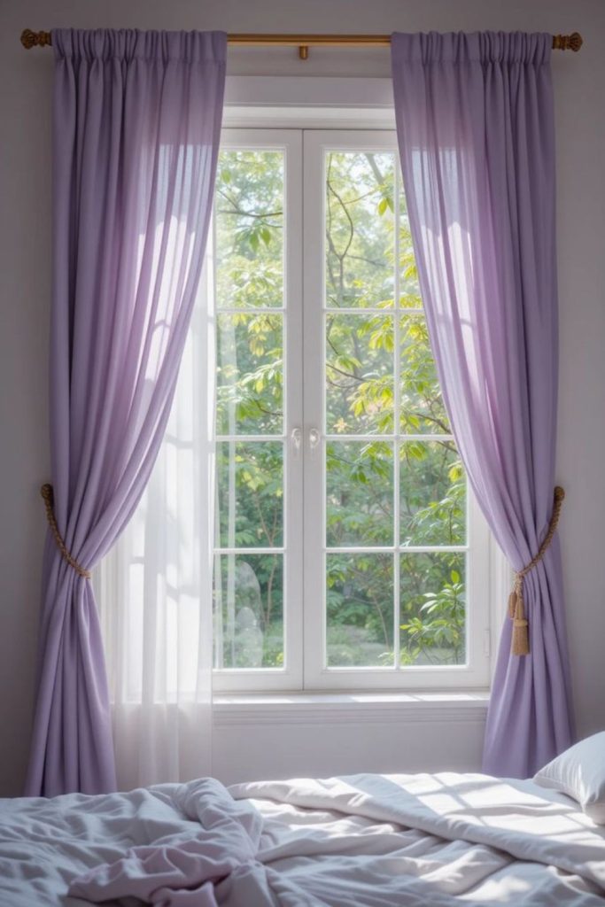 Lavender curtains with soft grey blinds.