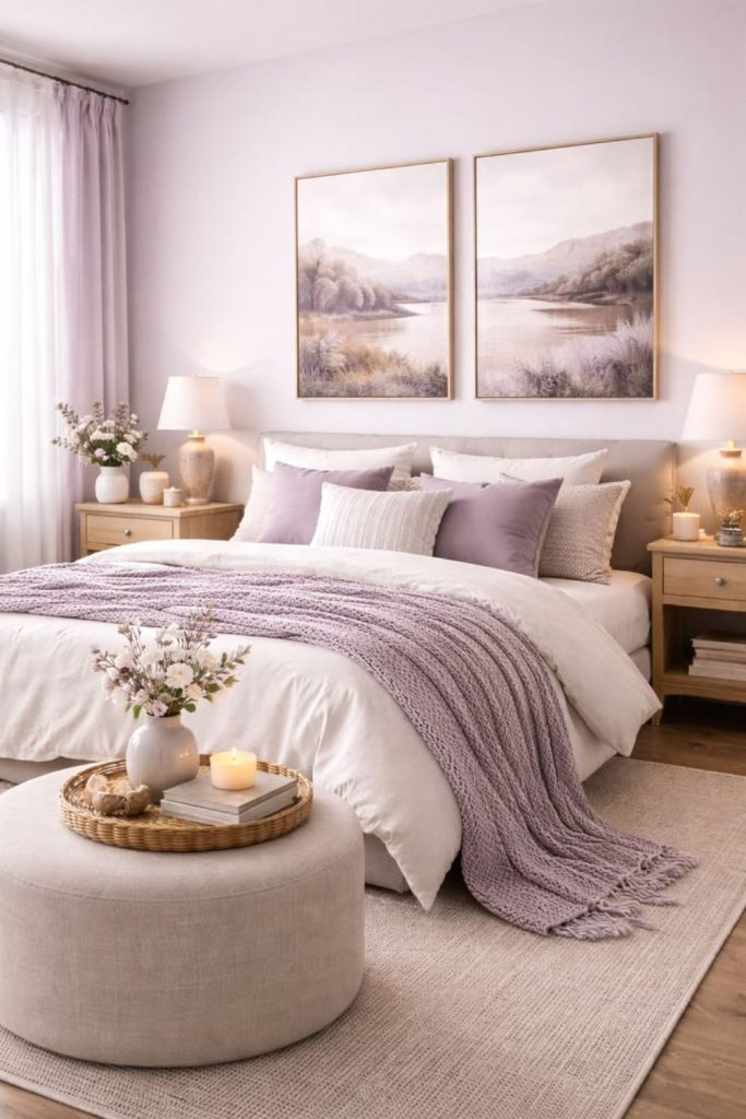 Lavender bedroom with dreamy soft décor.