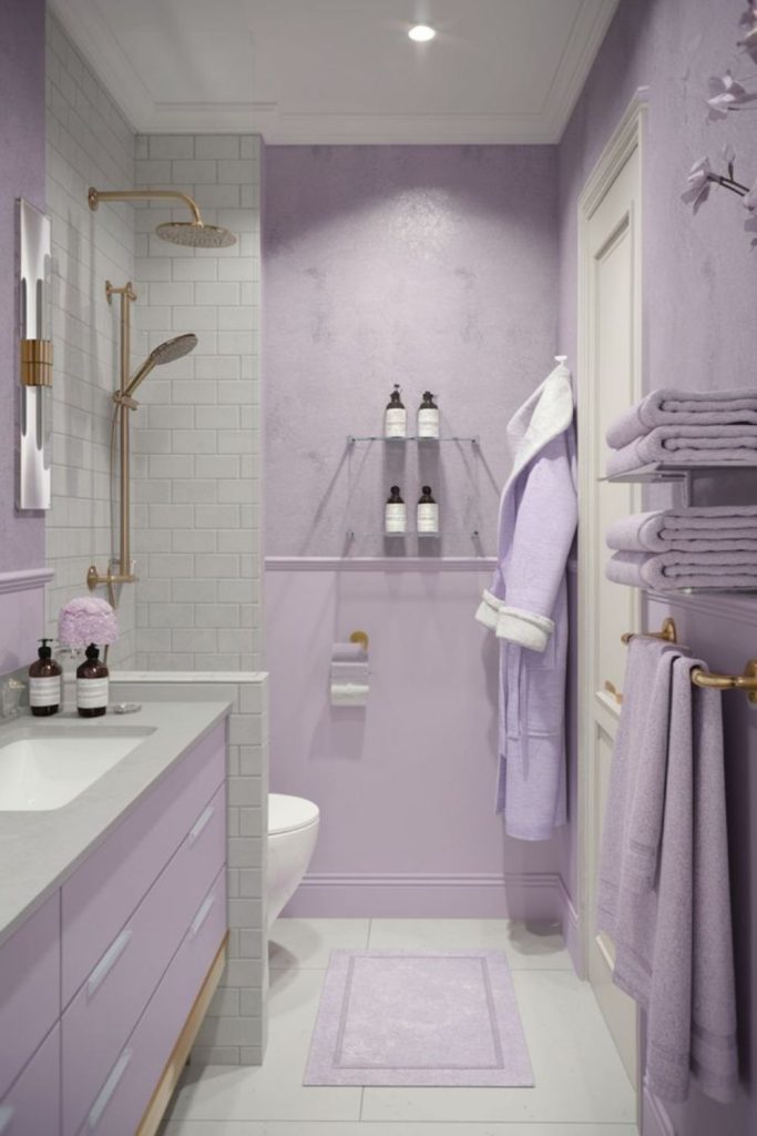 Soft lavender small bathroom decor.