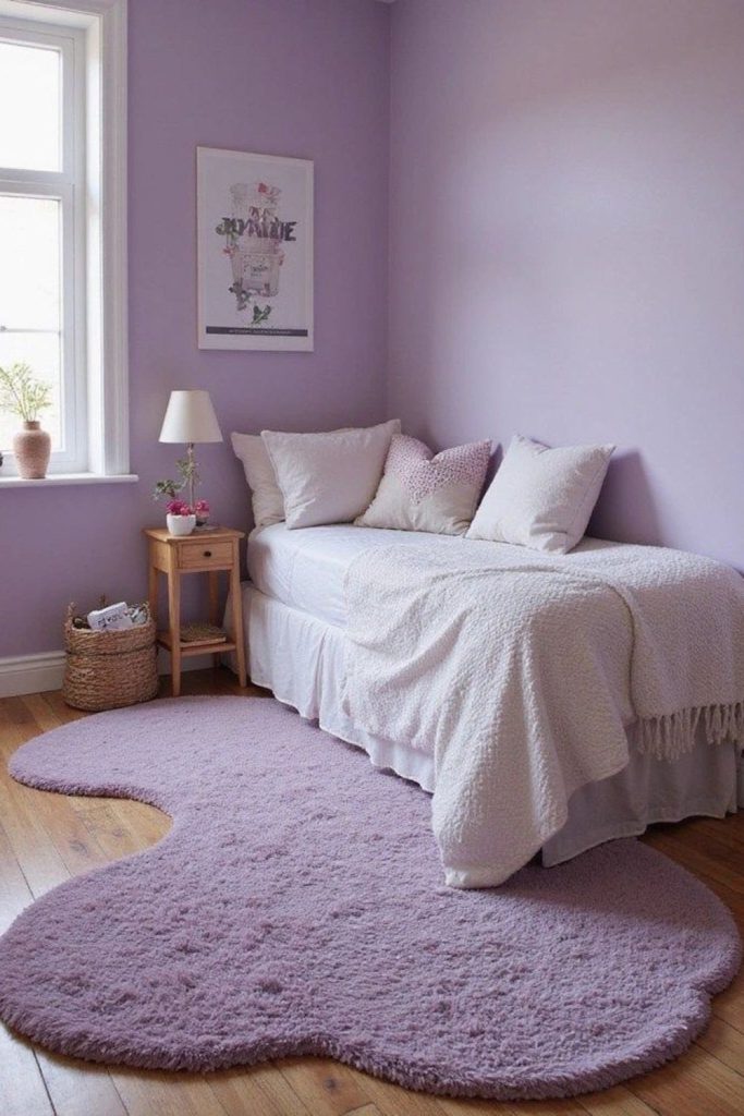 Soft lavender peaceful teen bedroom decor.