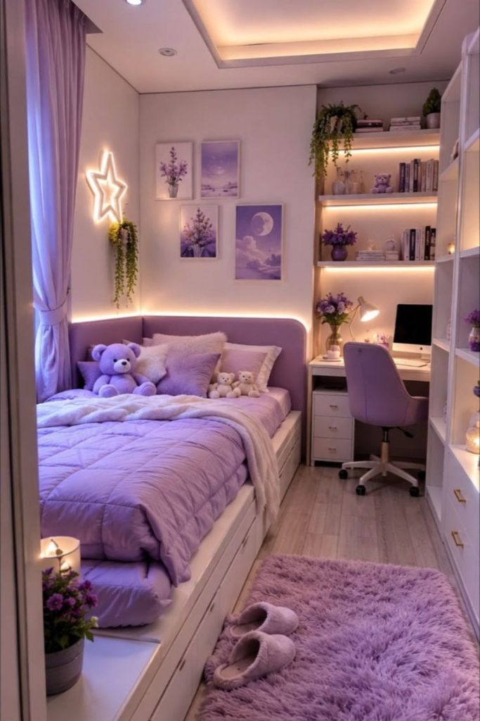 Lavender bedroom with peaceful elegant styling.