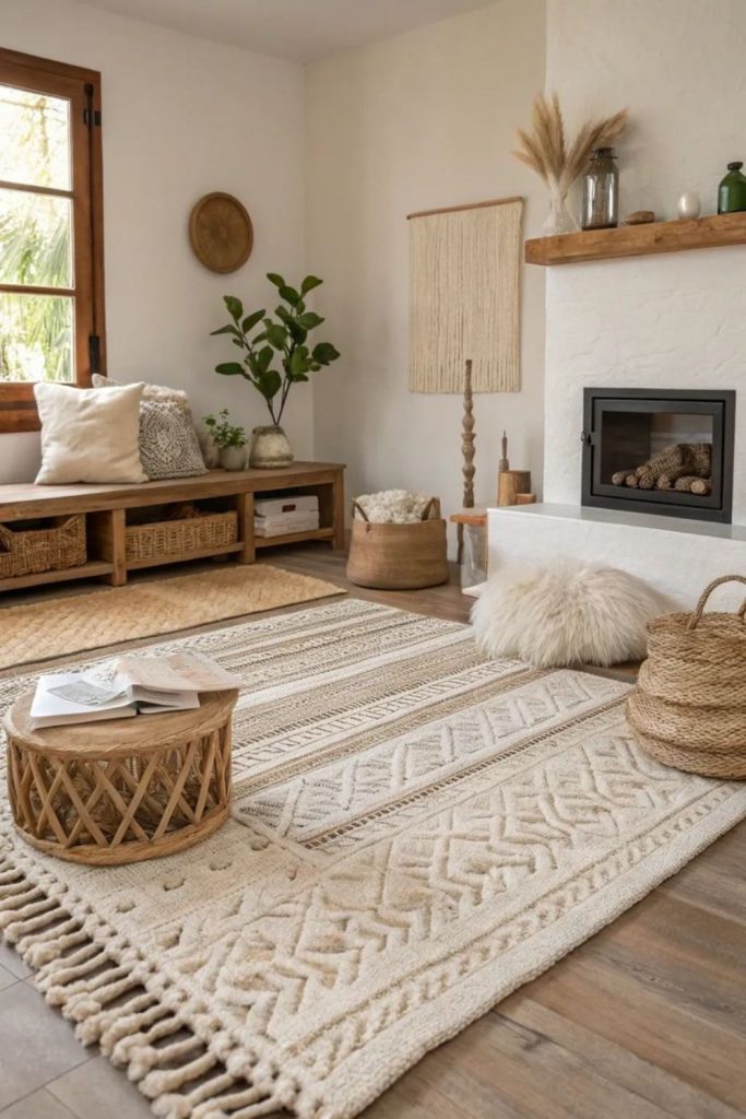Layered neutral rugs in cozy living room.