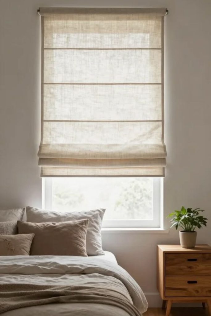 Elegant linen curtains with Roman blinds.