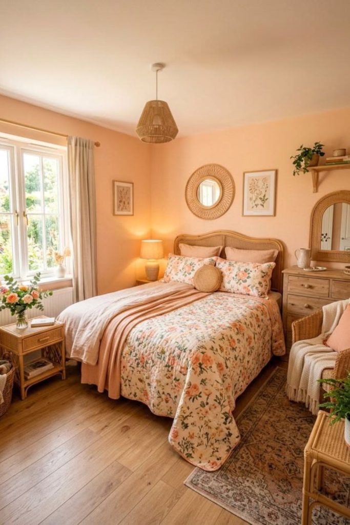 Soft peach cottage bedroom with florals