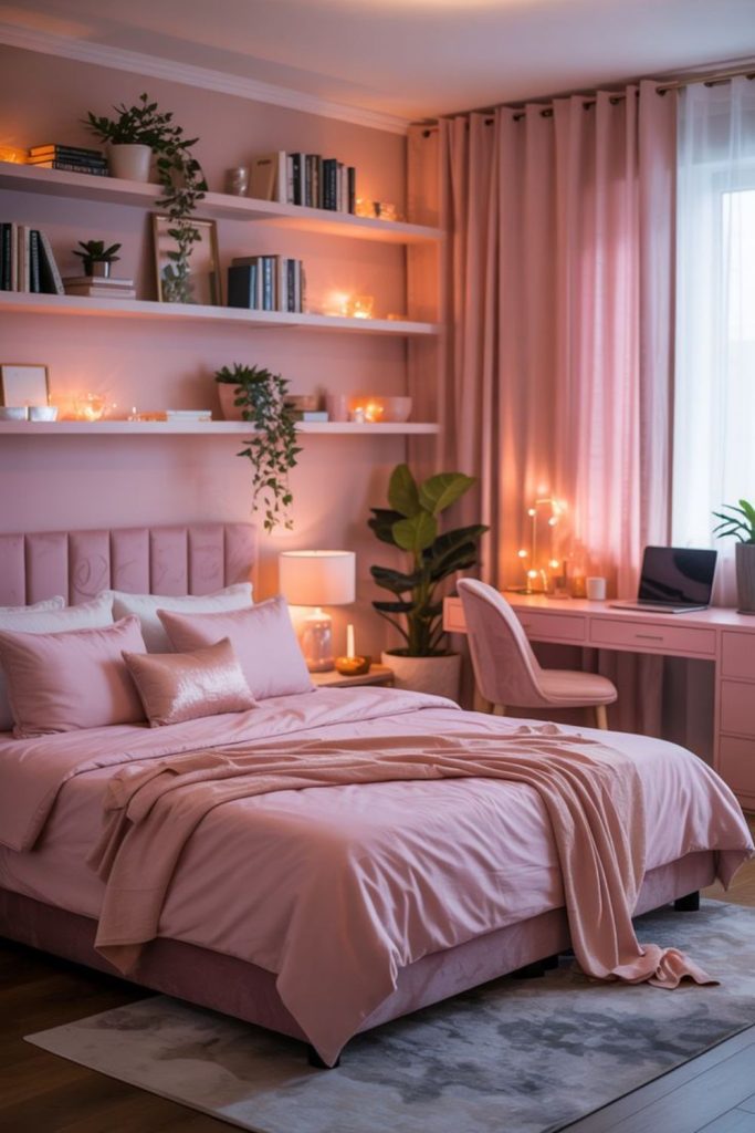 Soft pink minimalist bedroom with simplicity.