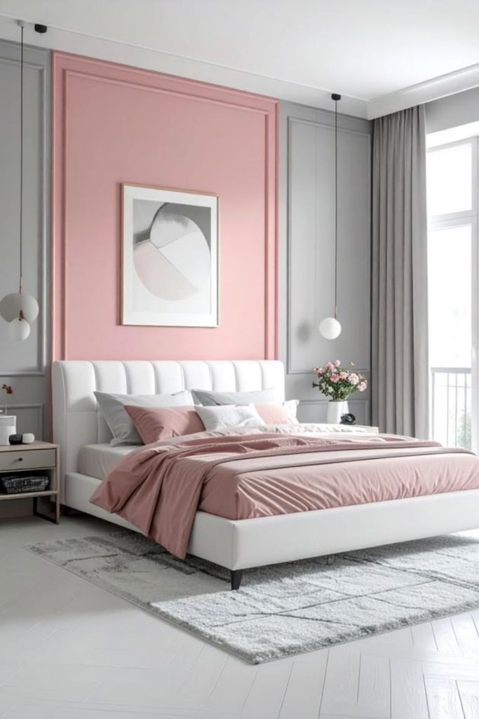 Soft pink Scandinavian grey bedroom.