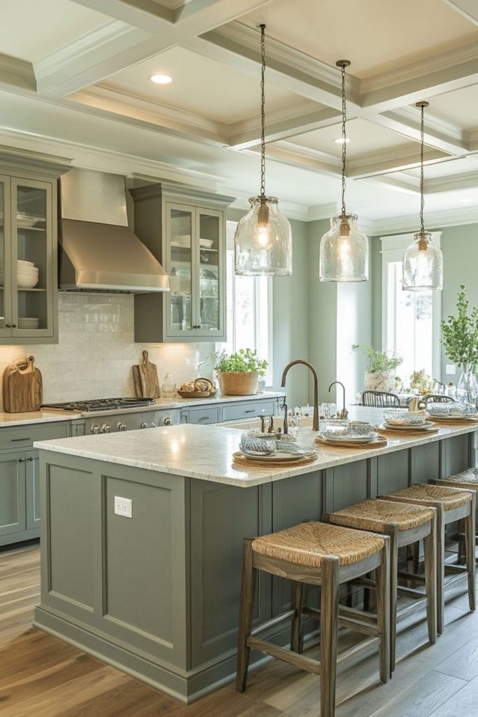 Sage green kitchen island with sink.