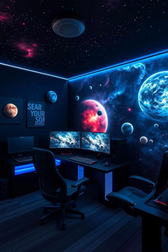 Space-themed futuristic gaming room.
