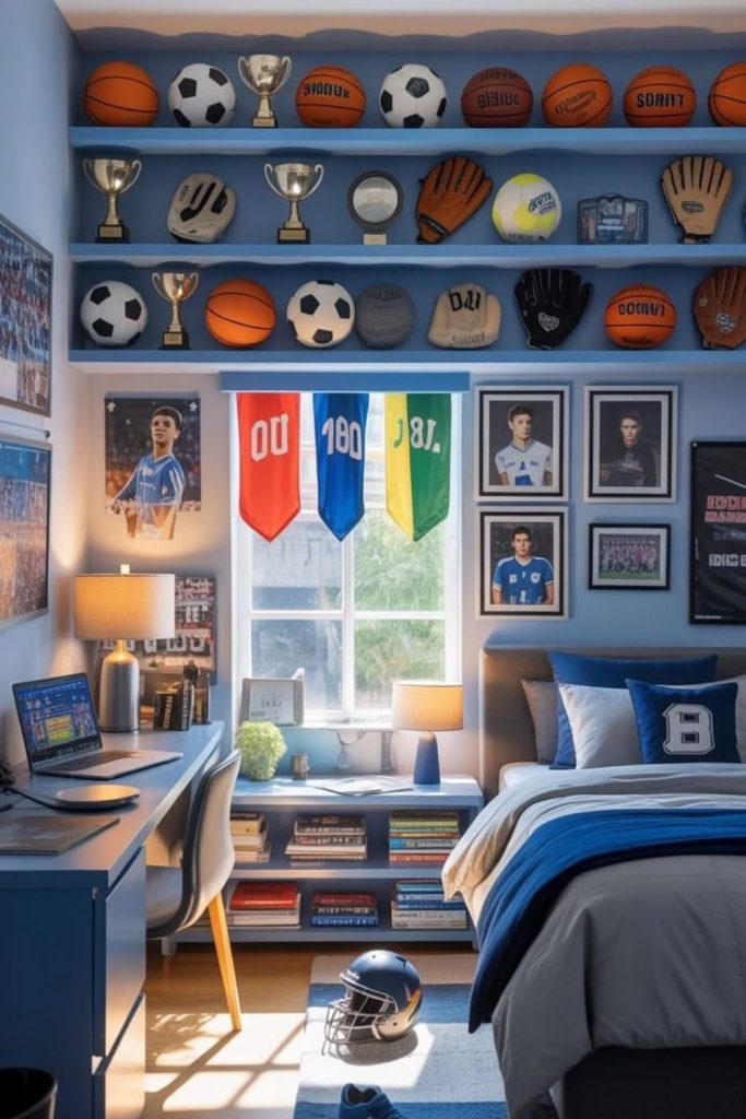 Sports-themed bedroom with championship memorabilia.