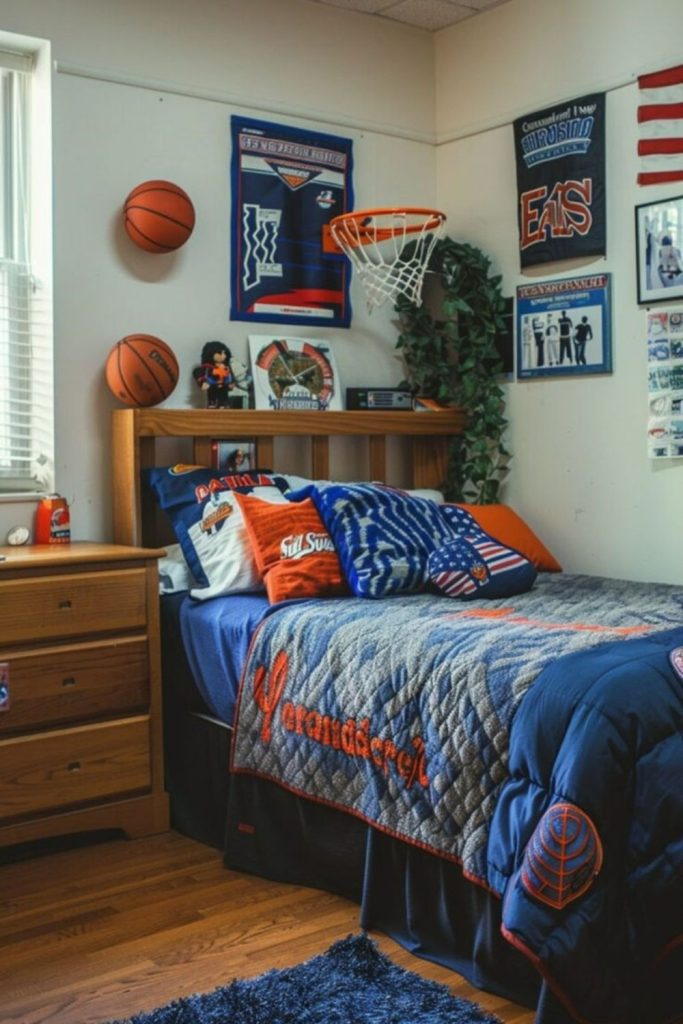 Sports fan lofted dorm room.