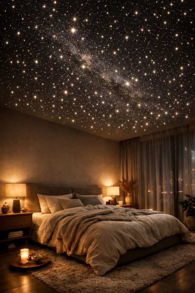 Starburst chandelier adding glamorous bedroom style.
