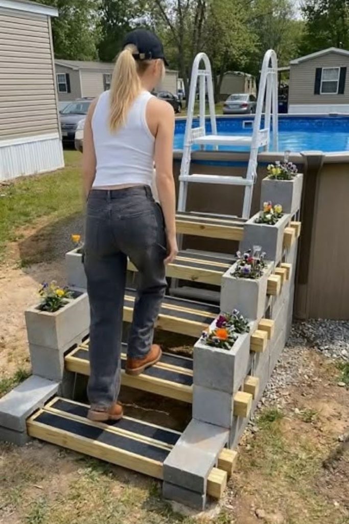 Stone base wooden pool ladder design.