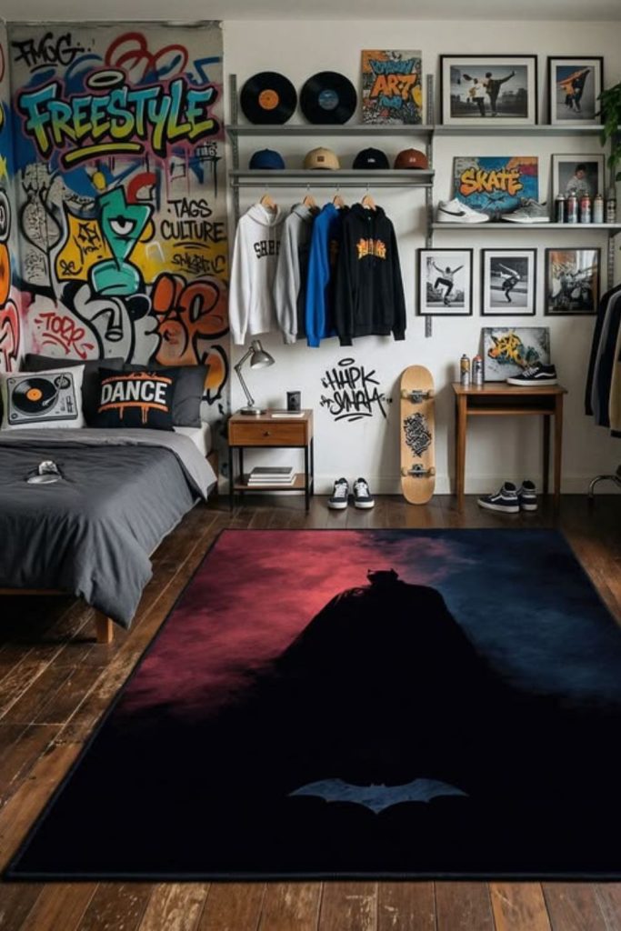 Streetwear-inspired modern dorm room setup.