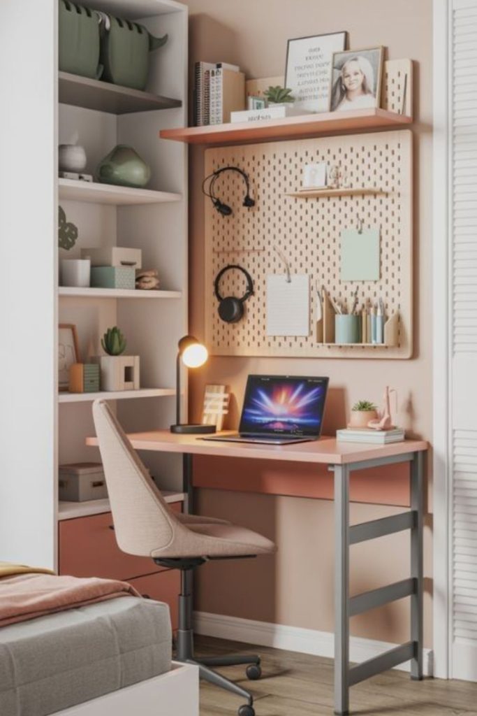 Student study desk with organized storage.