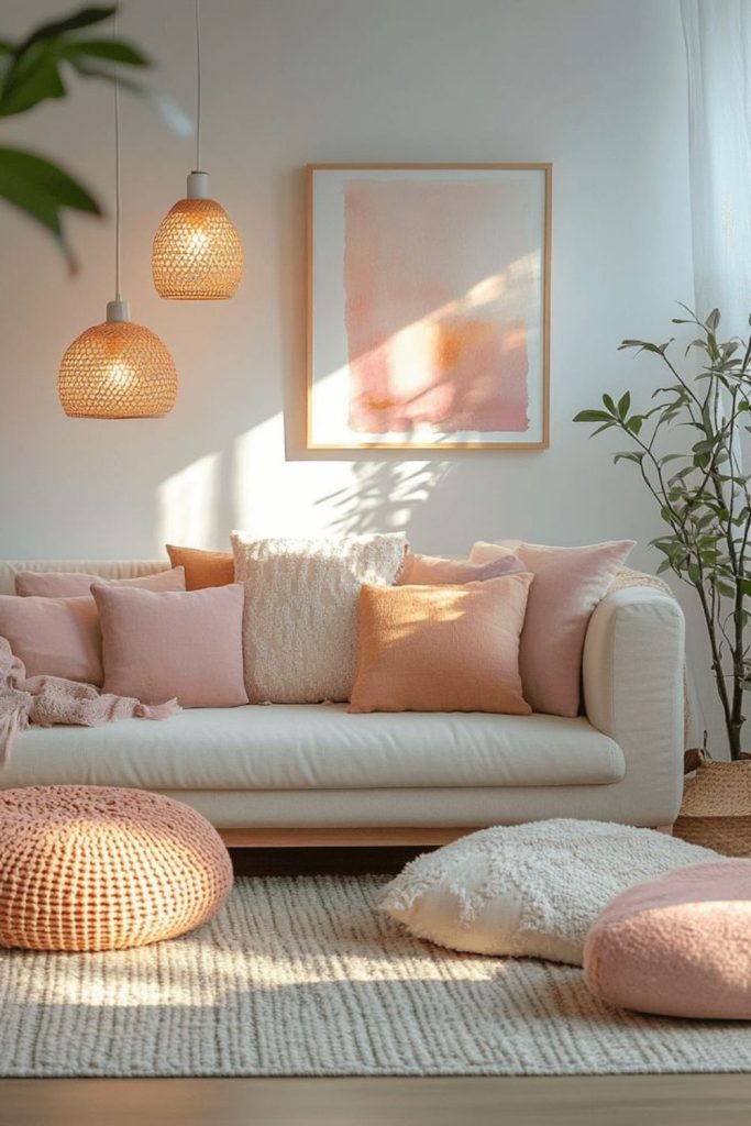 Bright linen living room with cozy cushions.