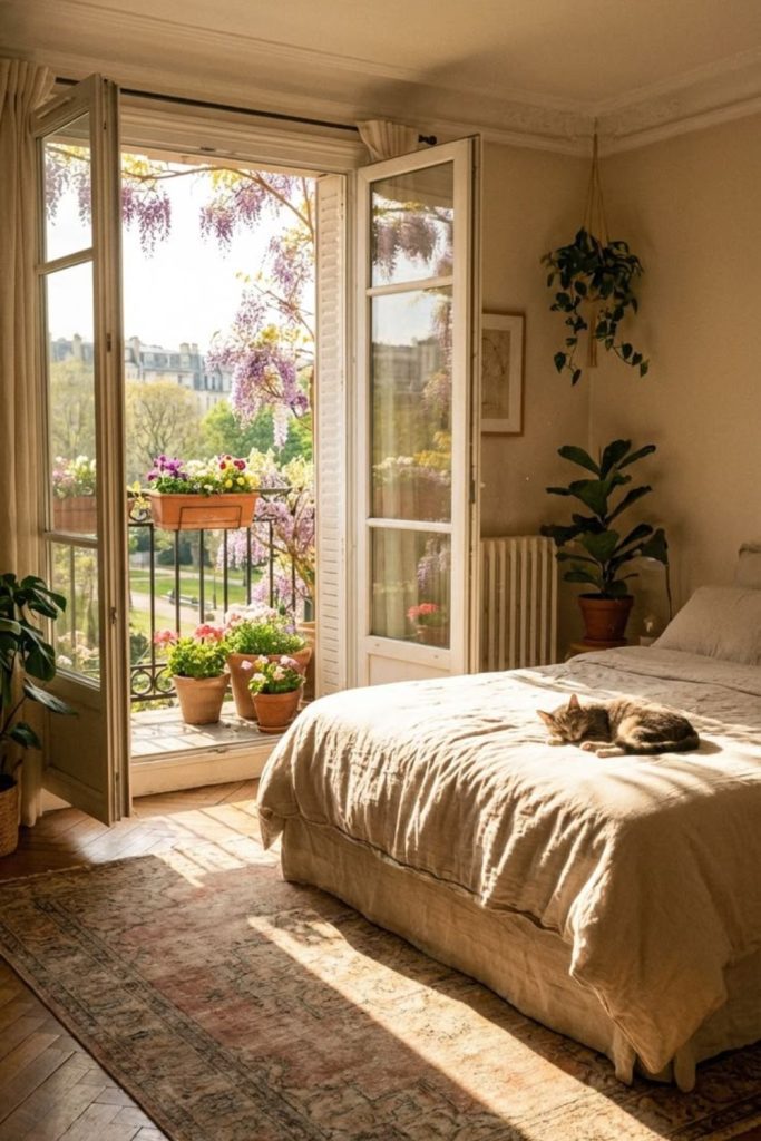Sunlit bedroom balcony with cozy seating.