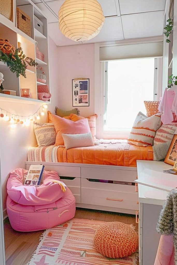 Sunset color lofted dorm room.