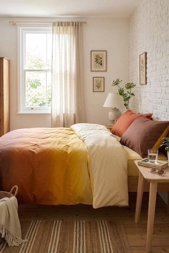 Sunset ombre bedding in warm tones.