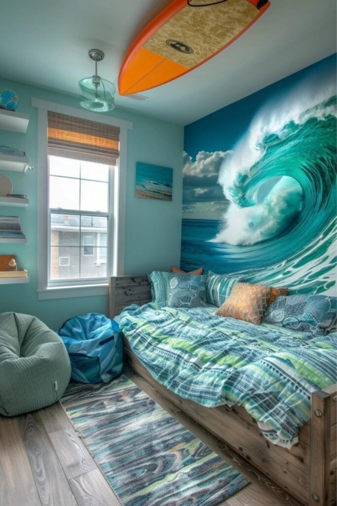 Surf shack coastal dorm room.