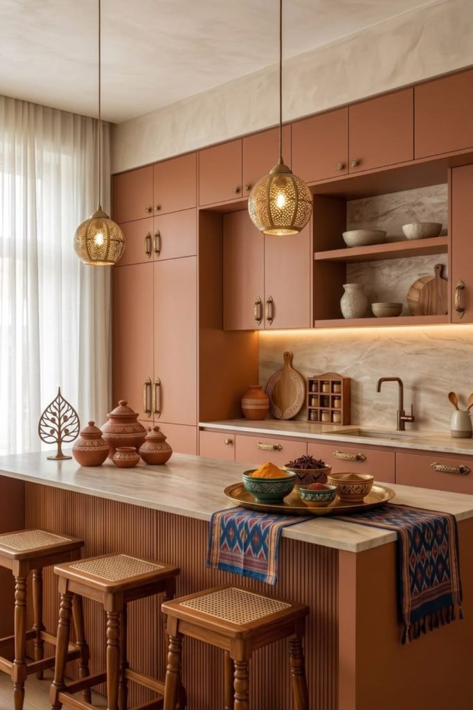 Terracotta artisan kitchen island with sink.