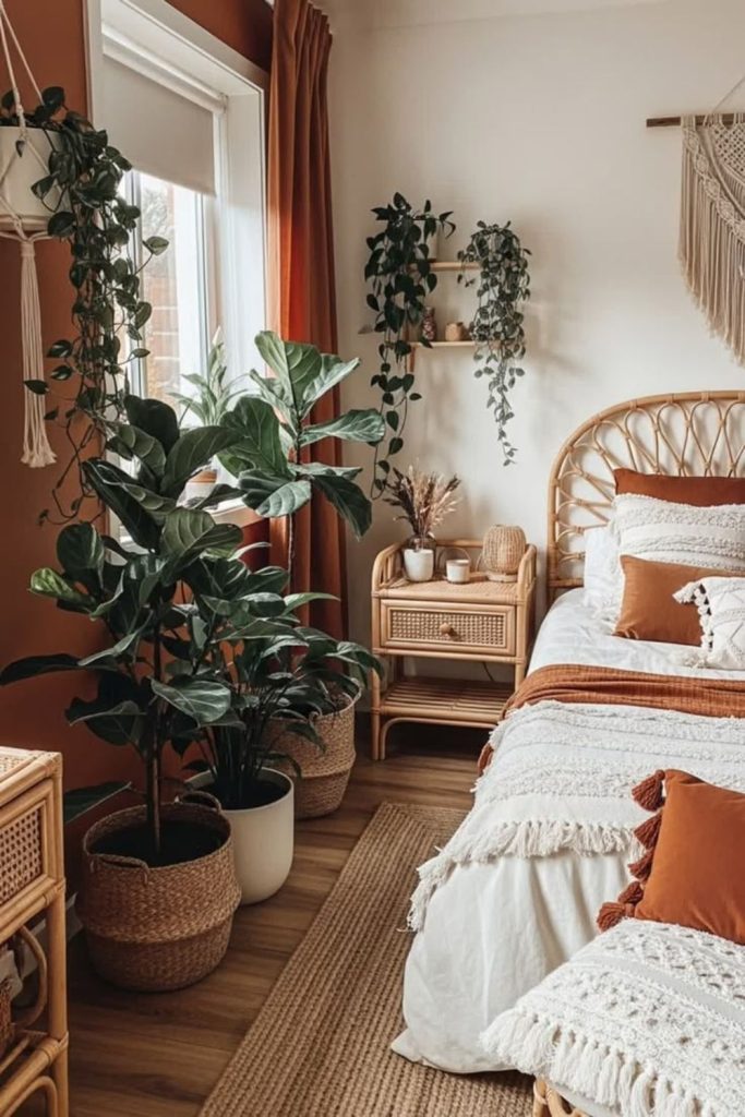 Terracotta bohemian fall bedroom decor.