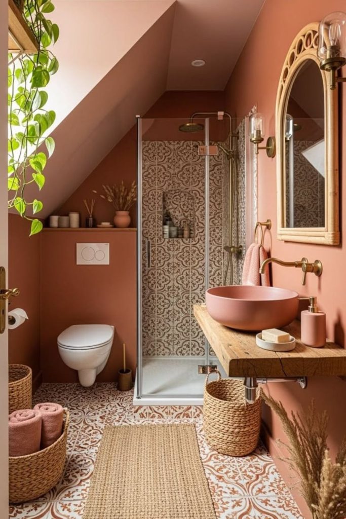 Terracotta accents in tiny bathroom.