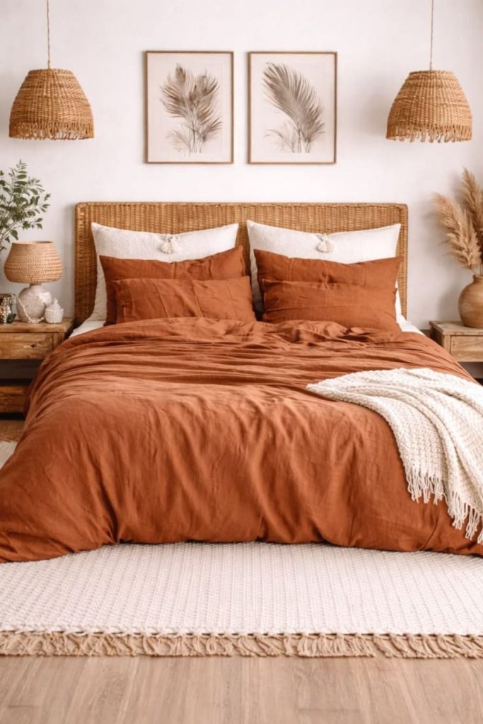Terracotta sunset inspired bedding layers