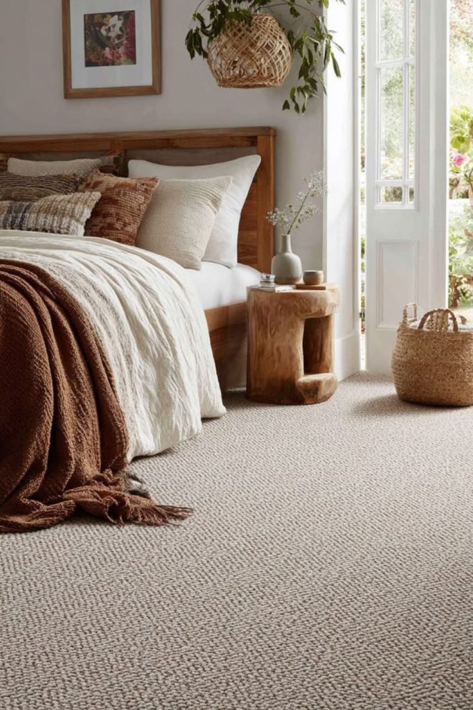 Textured loop weave neutral bedroom carpet.