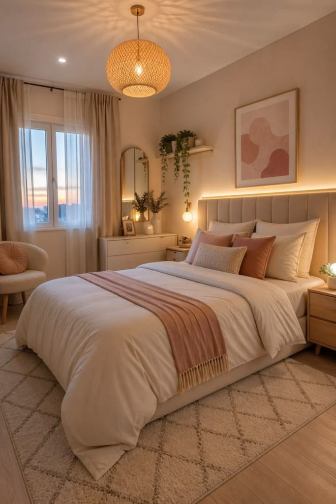 Neutral textured bedding with layered throws.