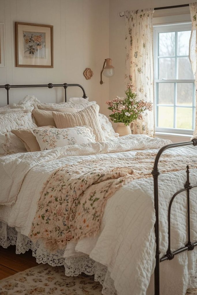 Whitewashed cottage bedroom with timber bed