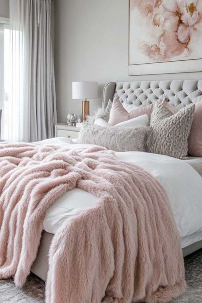 Timeless blush and grey bedroom.