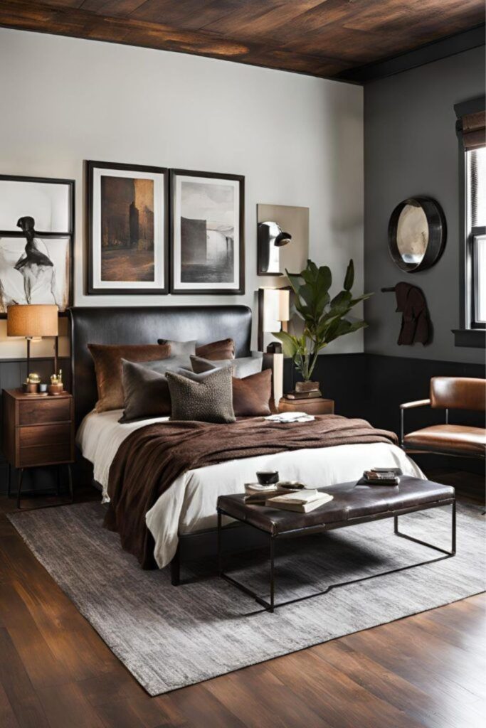 Timeless elegant gentleman-inspired bedroom interior.