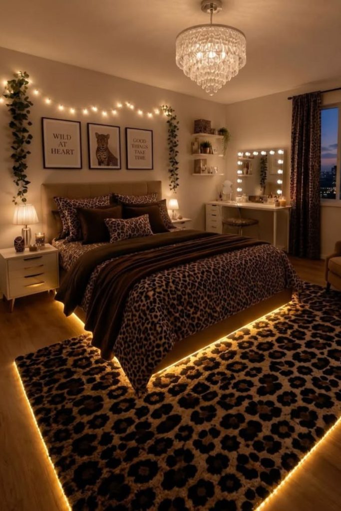 Timeless leopard bedroom with elegant furniture.