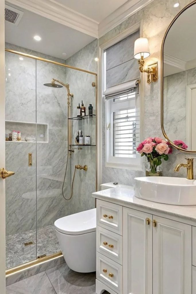 Luxurious gold detail bathroom decor.